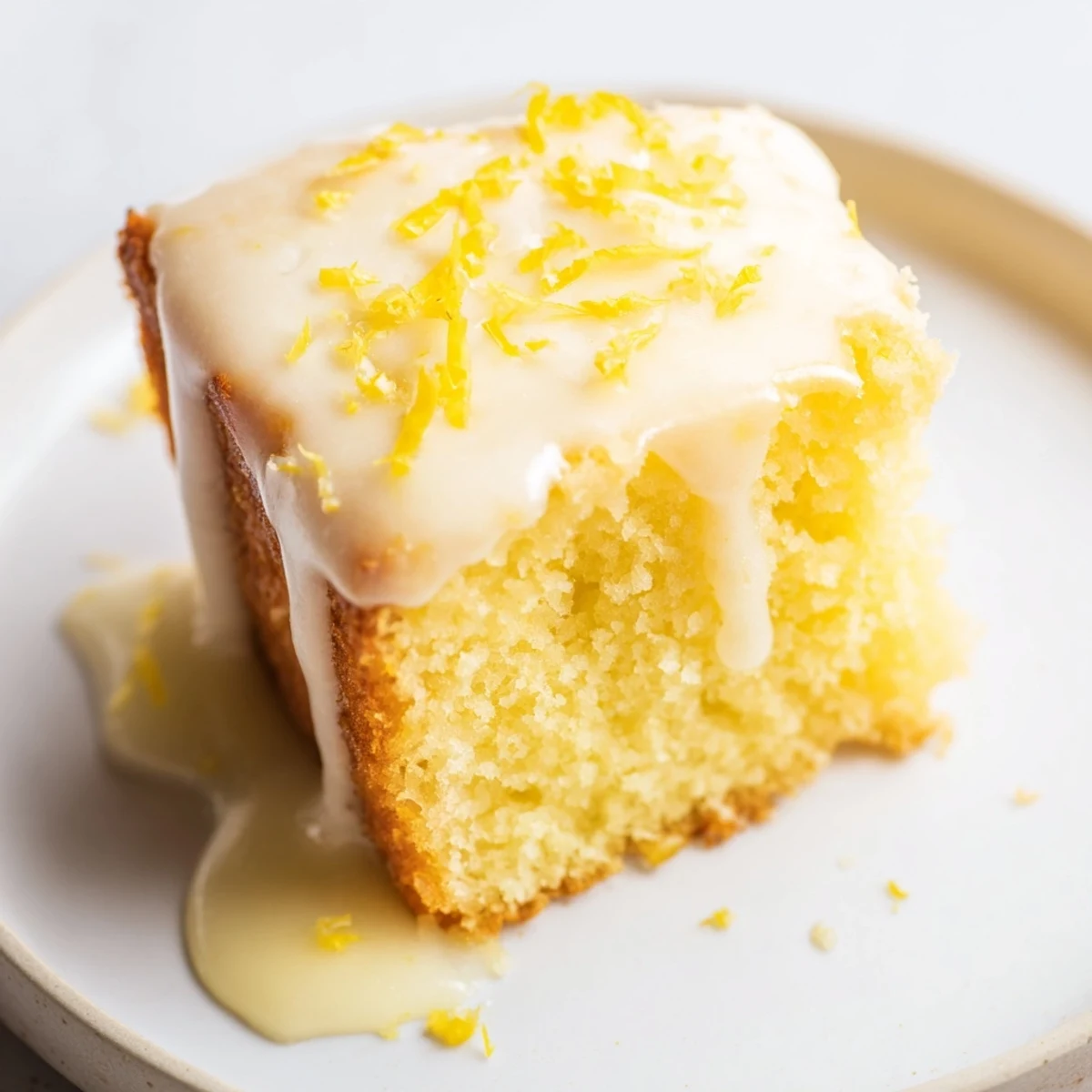 Golden Lemon Cake Slice on a marble cutting board, showcasing a tender crumb and tangy citrus glaze.
