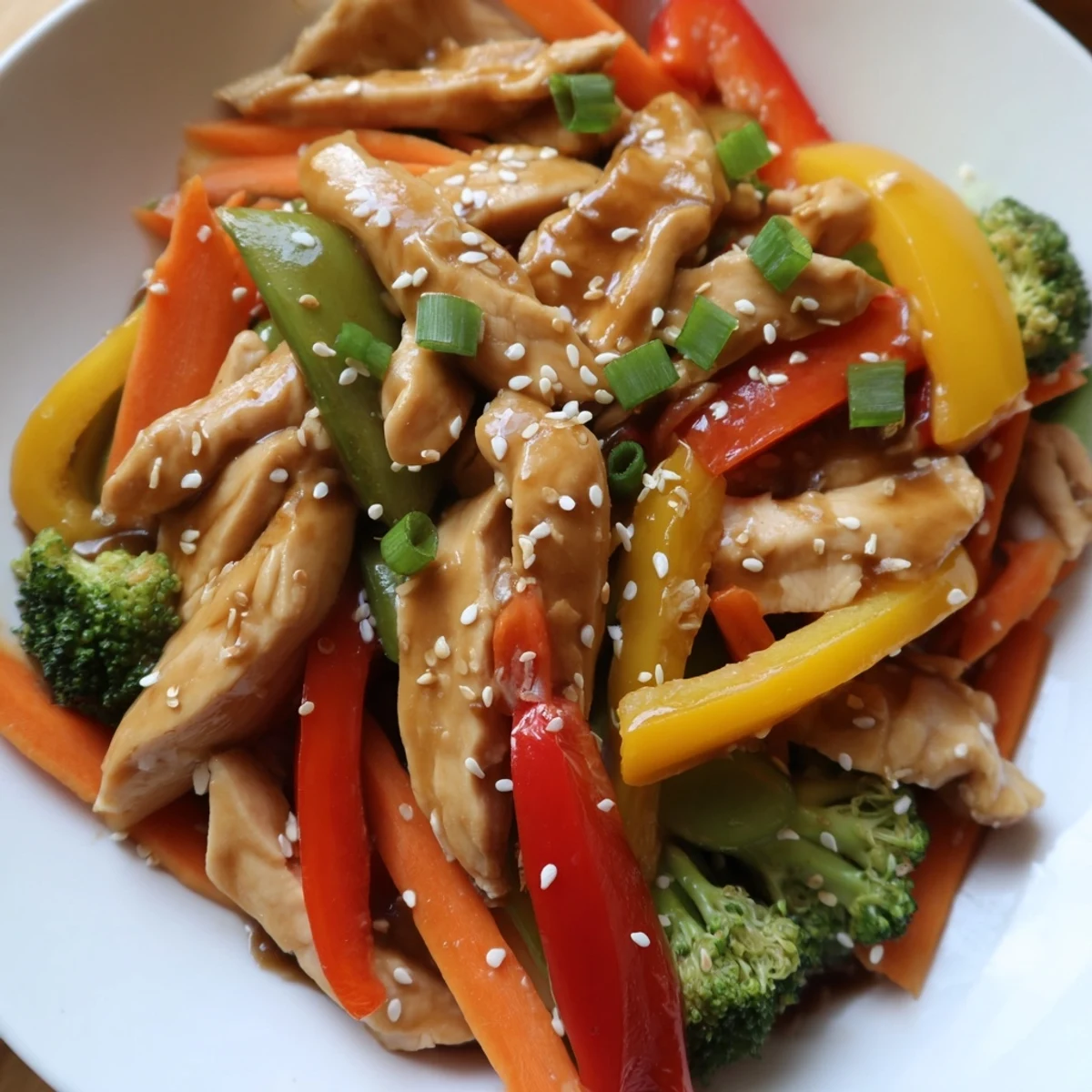 Stir-fried chicken breast and crisp broccoli florets coated in a glossy, savory Asian sauce in a hot wok.