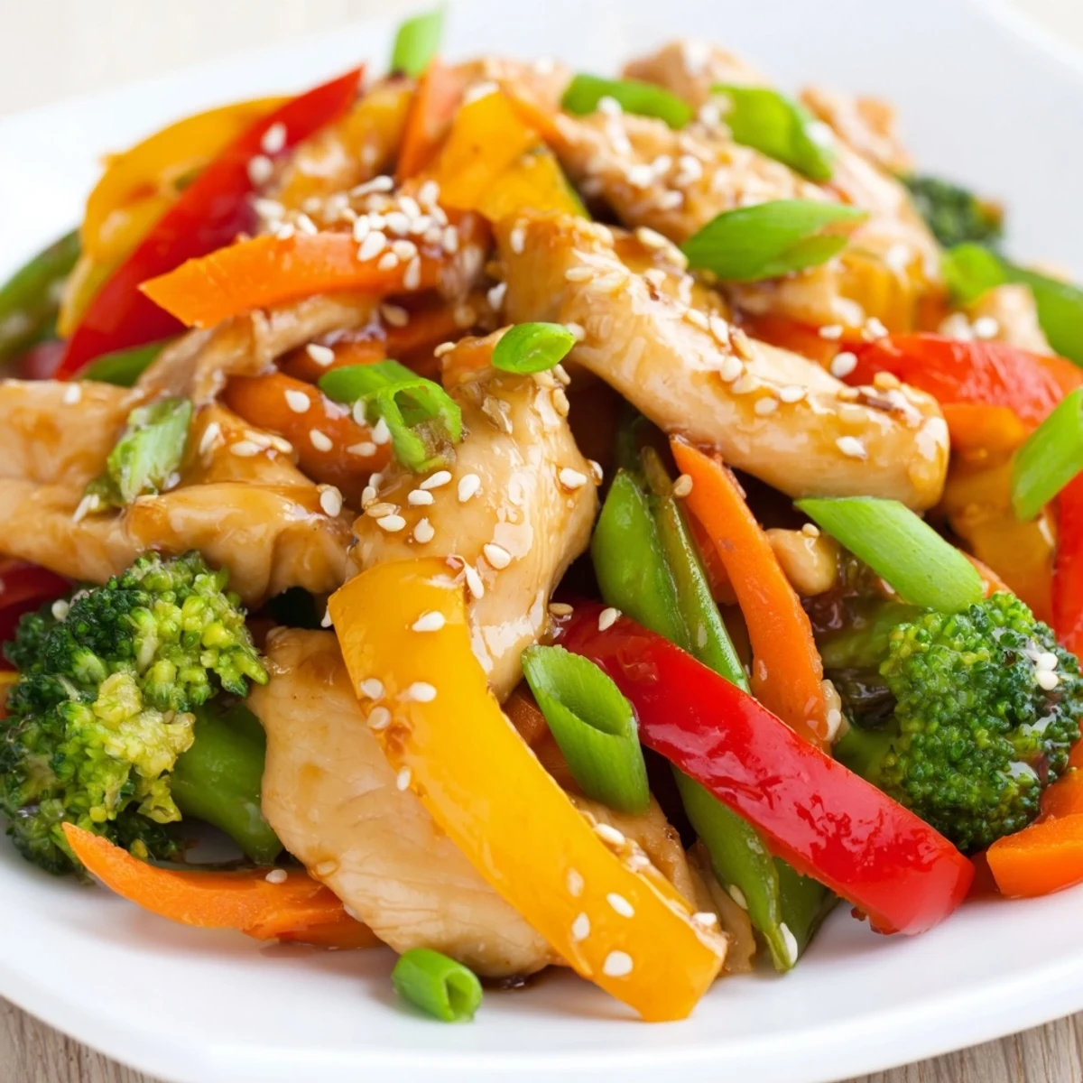 Tender chicken and vibrant red bell peppers tossed with snap peas for a quick, healthy weeknight dinner.