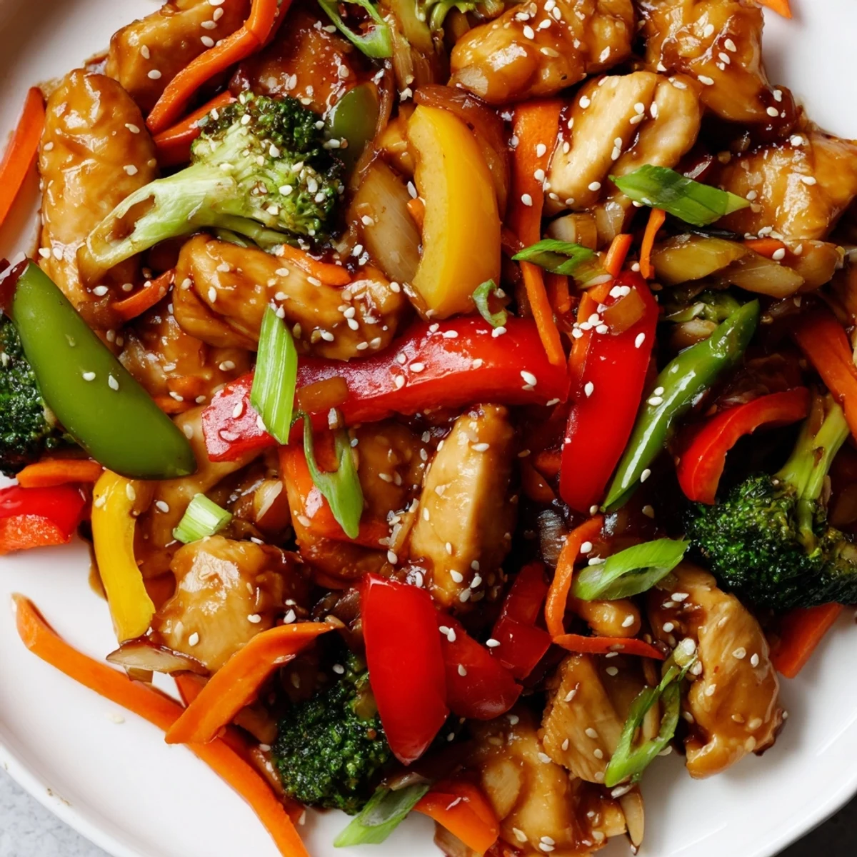 Plated Chicken Veggie Stir Fry next to fluffy steamed jasmine rice, garnished with sesame seeds and cilantro.