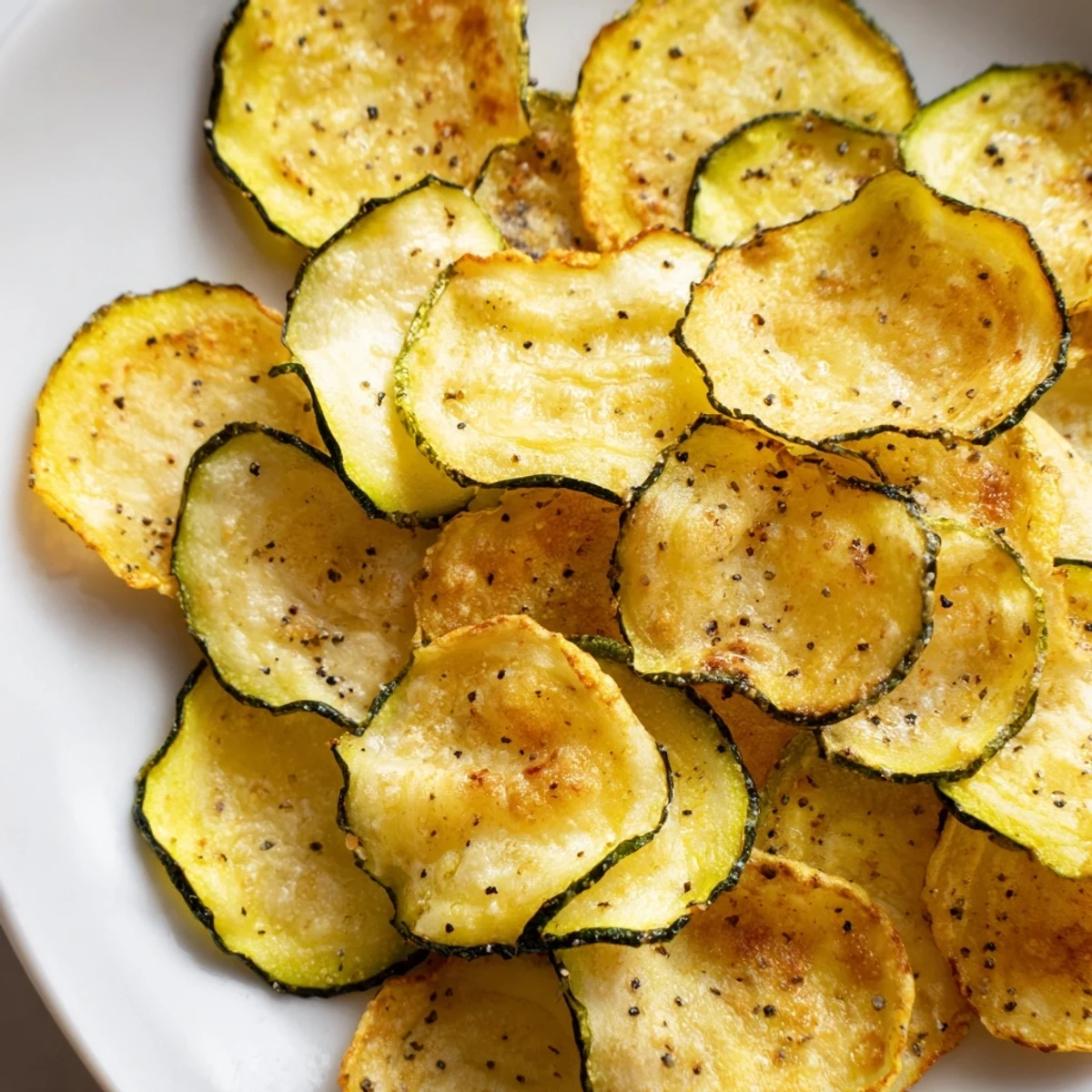 Golden-brown Crispy Zucchini Chips baked to perfection, arranged on a parchment-lined tray with a light sprinkle of seasoning.