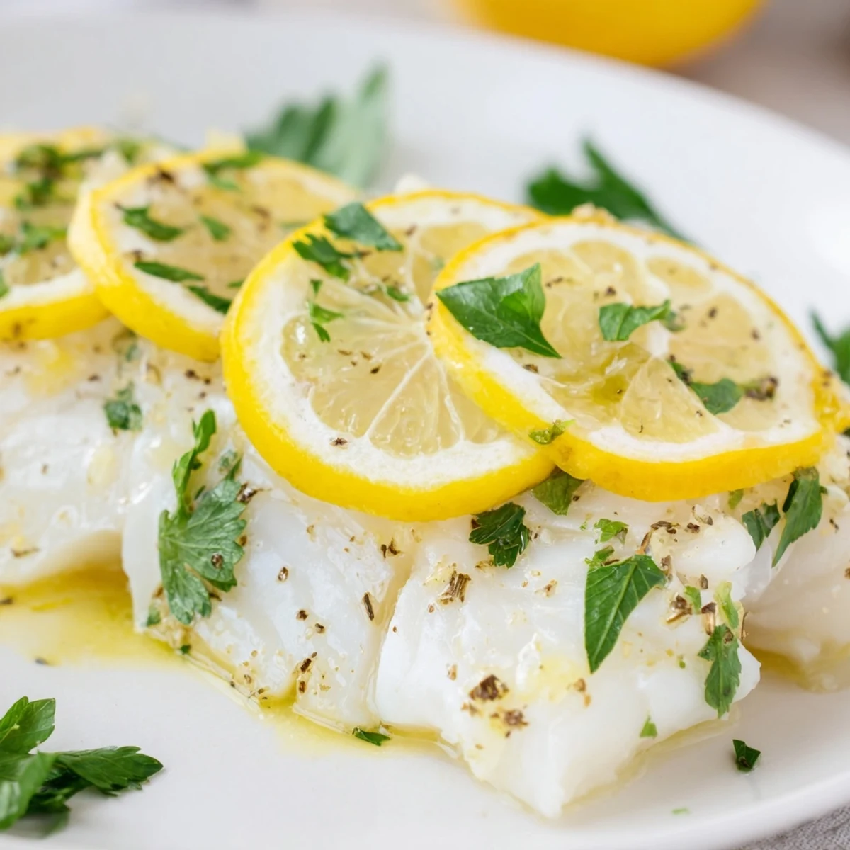 Sizzling Baked Fish Fillet with Lemon baked with lemon slices, served alongside roasted potatoes and veggies.