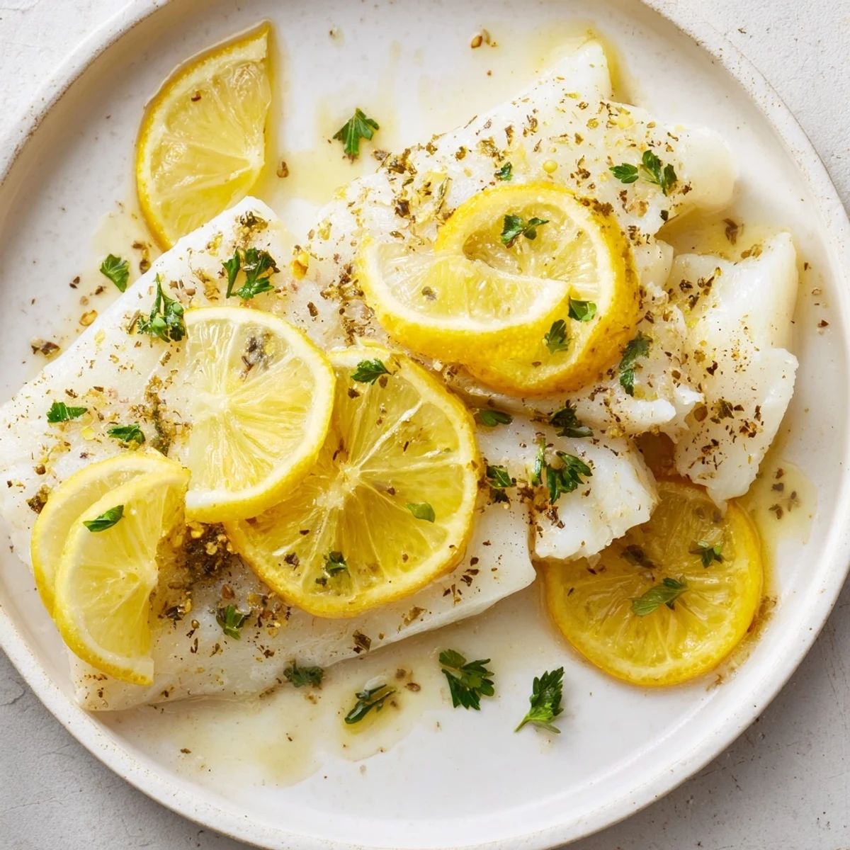 Perfectly cooked Baked Fish Fillet with Lemon, garnished with herbs and ready to serve with lemon wedges.