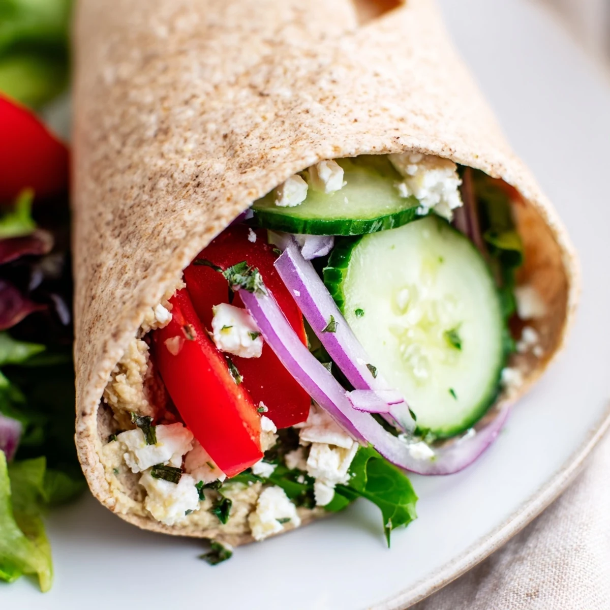A vibrant Mediterranean Sandwich Wrap drizzled with herb dressing, stuffed with red bell pepper, red onion, and salad greens, ready for lunch.