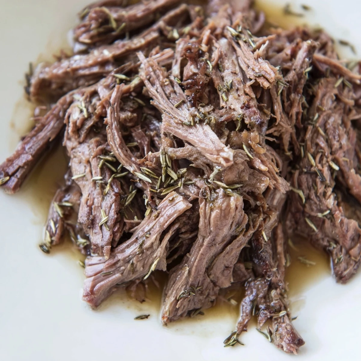 Savory Slow Cooker Roast Beef plated with fresh thyme garnish and a ladle of rich, glossy pan drippings ready for dinner.