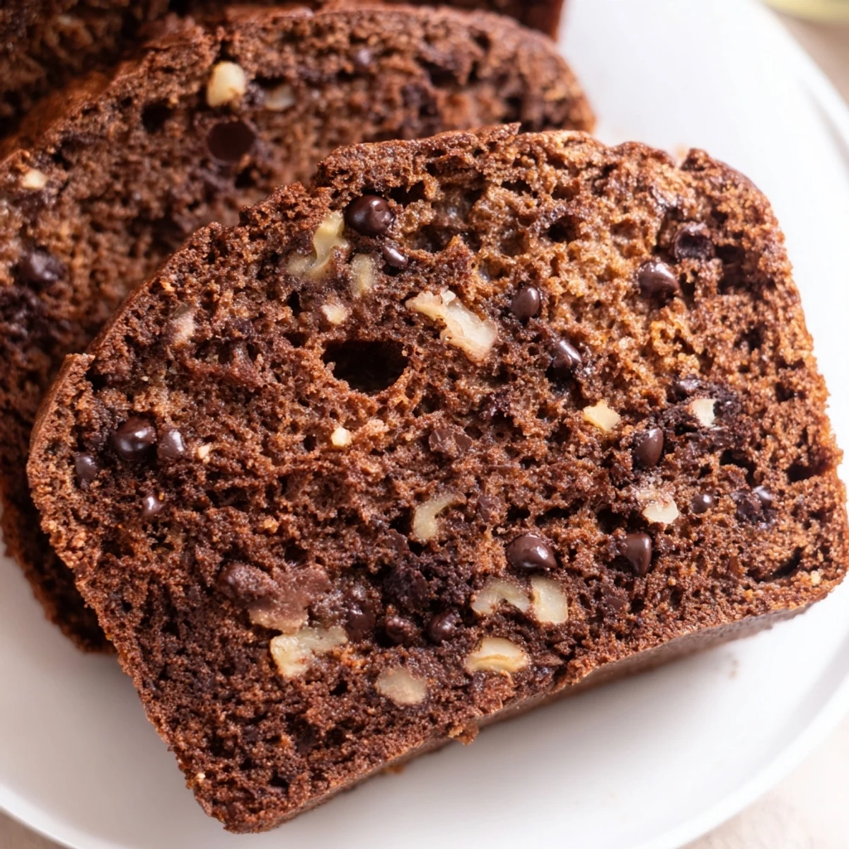 Chocolate Banana Bread loaf sliced to show rich cocoa texture and chocolate chunks, perfect for breakfast or dessert.