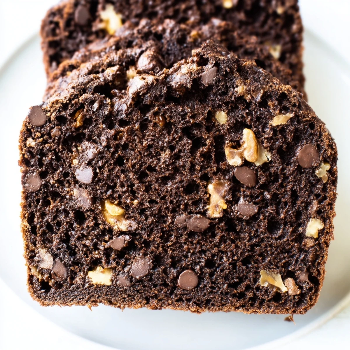 Freshly baked Chocolate Banana Bread with a moist crumb and melted chocolate chips, served warm on a wooden board.