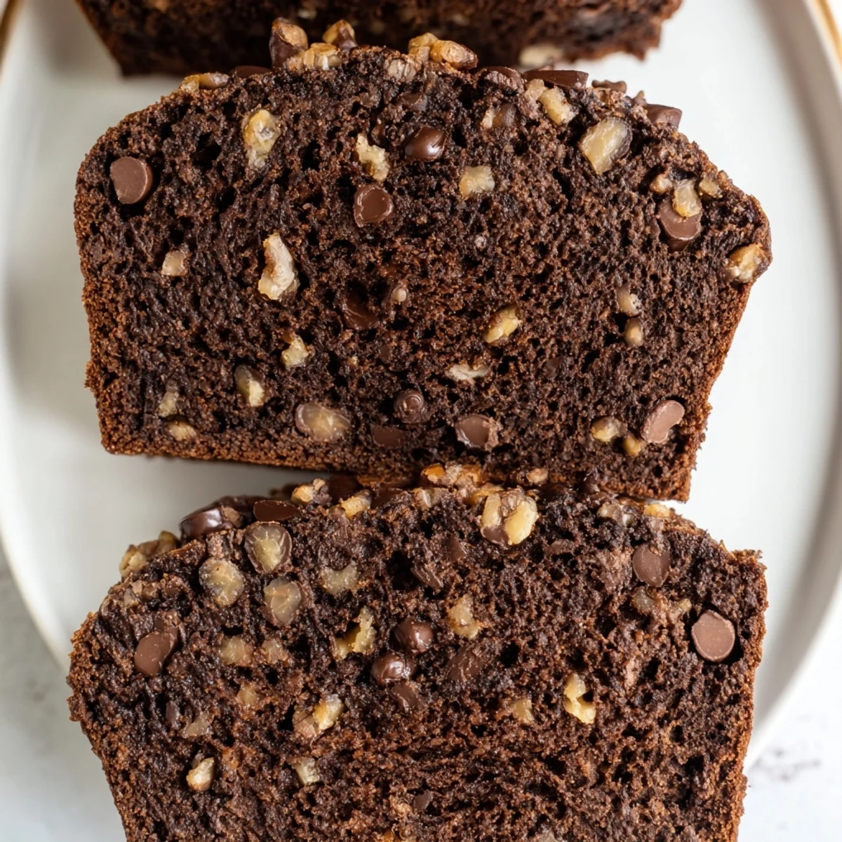 Homemade Chocolate Banana Bread with a dark crust and visible banana flecks, ready to enjoy with a glass of milk.