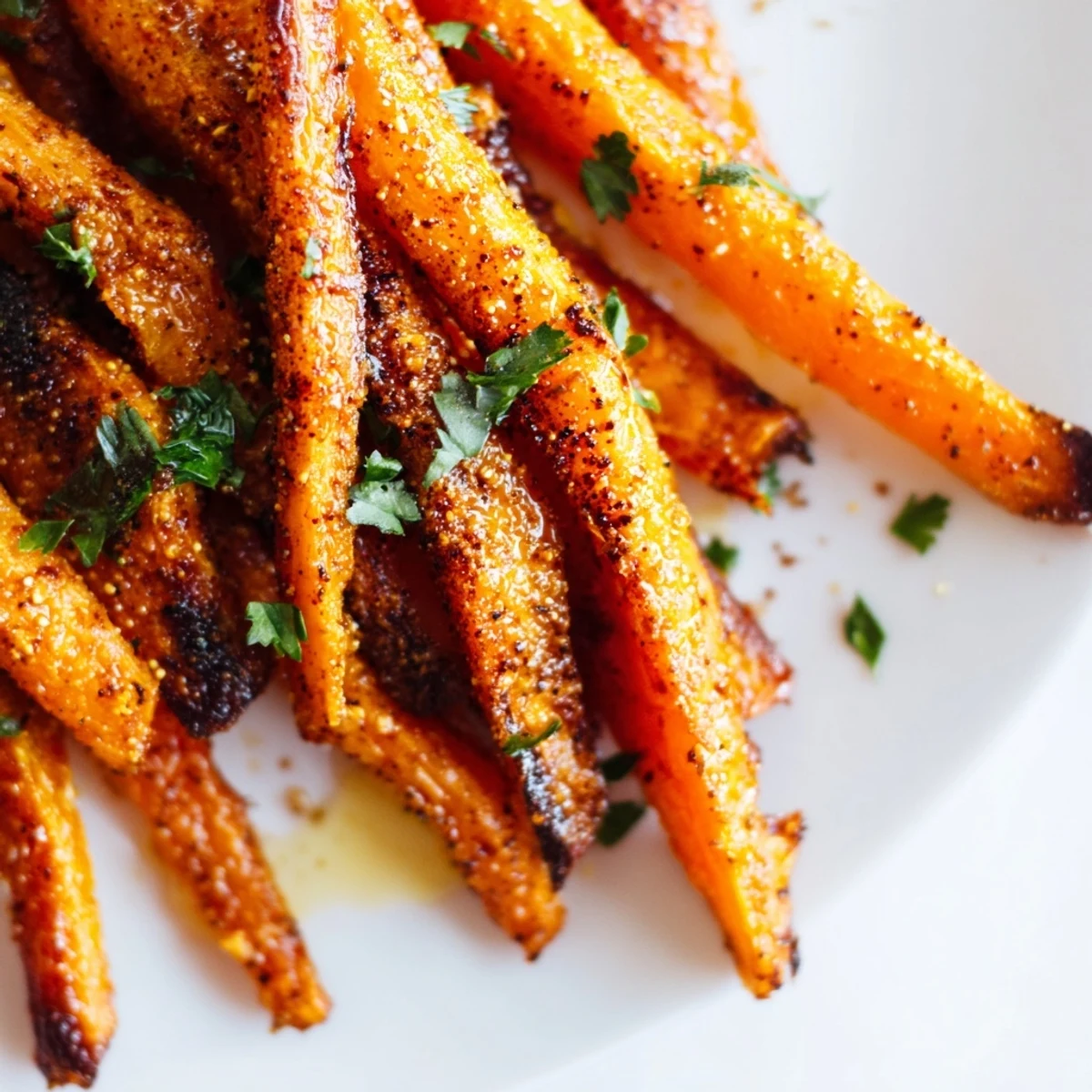 A close-up of vibrant orange Roasted Carrot Sticks garnished with fresh parsley, showcasing their sweet caramelized finish.