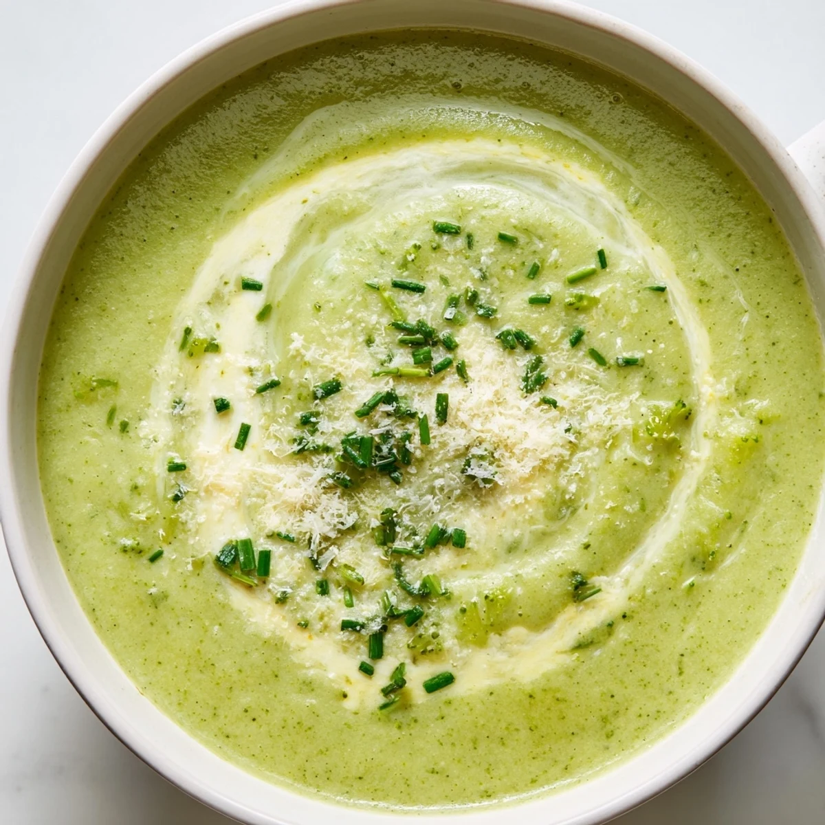 Creamy Broccoli Soup in a rustic bowl topped with fresh chives and Parmesan cheese, steam rising.