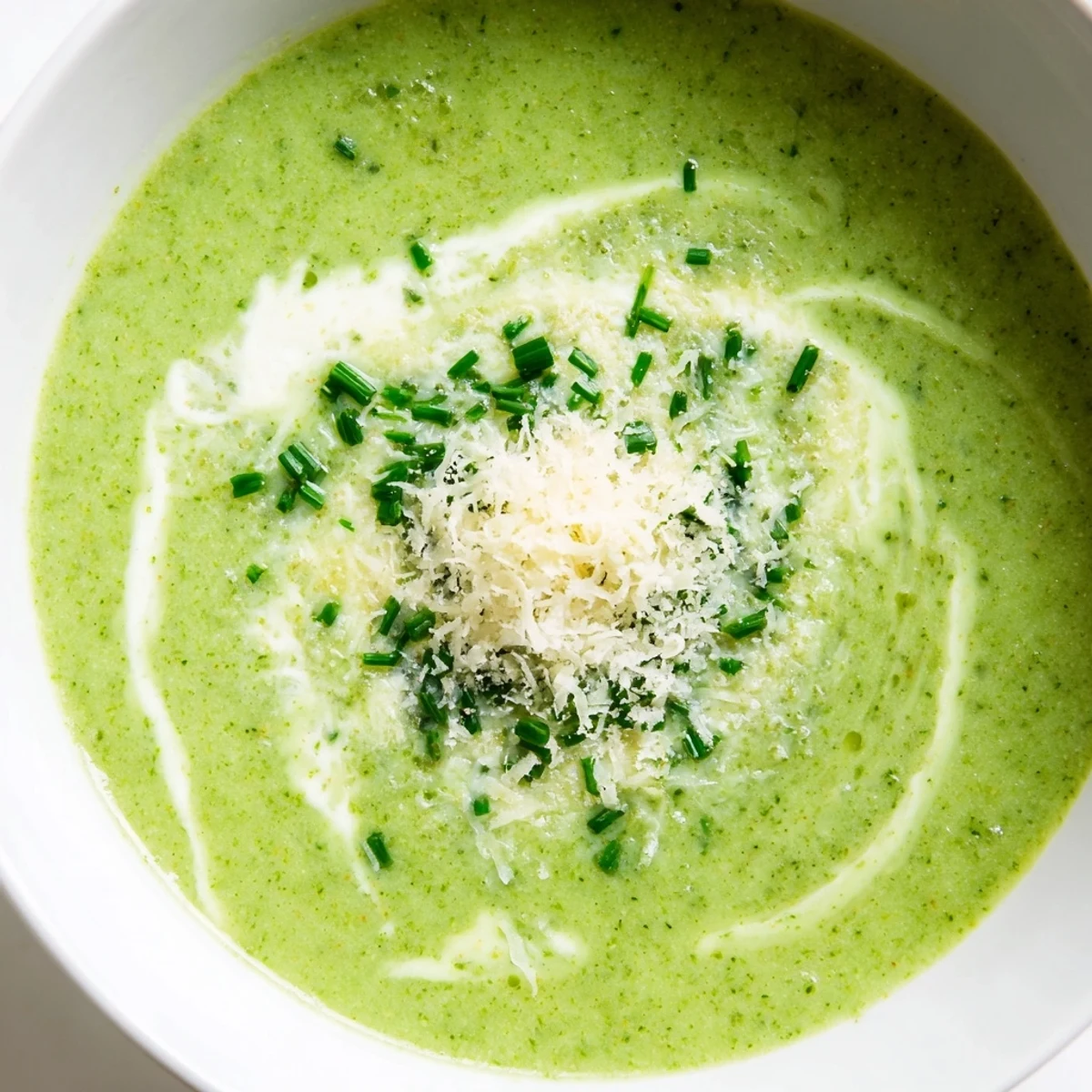 Vibrant green pureed Creamy Broccoli Soup in a white ceramic bowl, highlighting the velvety texture.