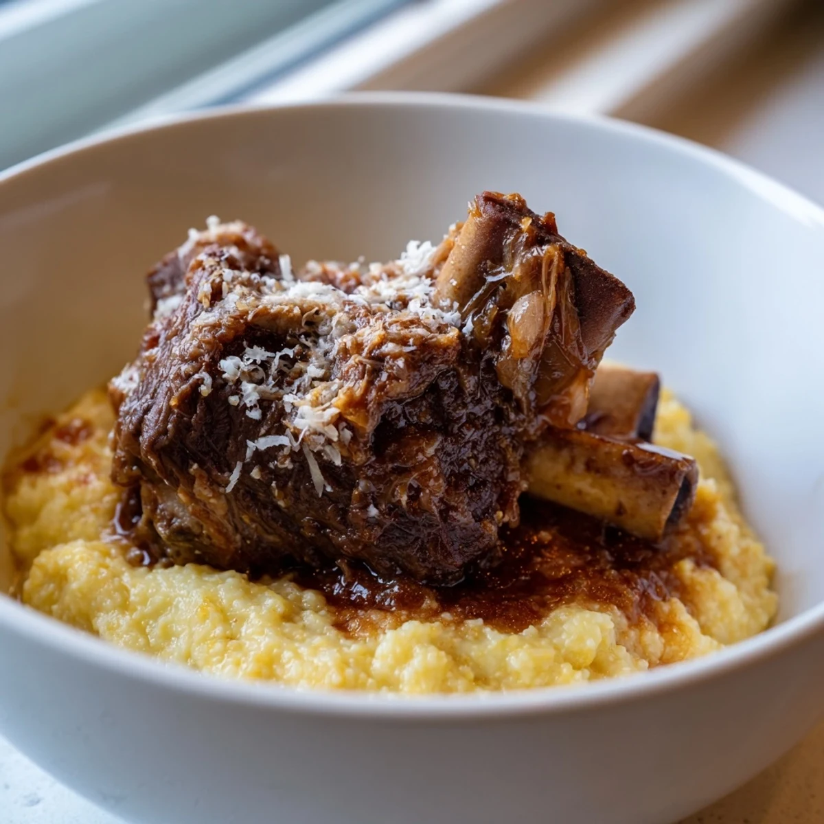 Creamy Polenta with Braised Beef Short Ribs served in a rustic bowl, tender meat falling off the bone atop velvety golden polenta.
