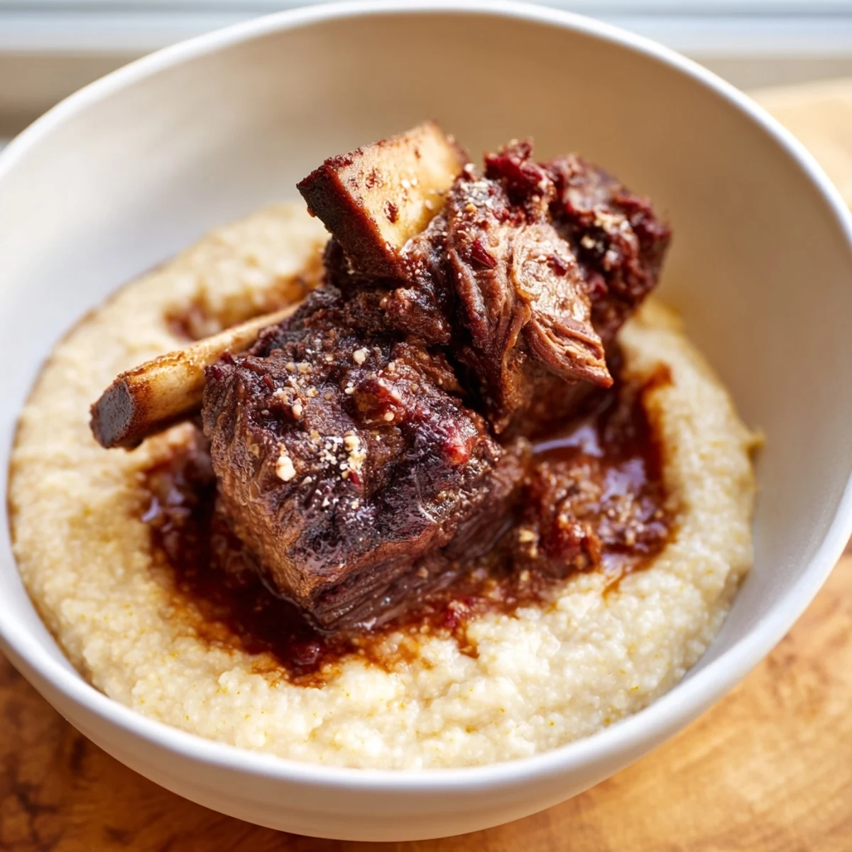 Golden braised short ribs rest on buttery Creamy Polenta with Braised Beef Short Ribs, drizzled with a rich, savory pan sauce.