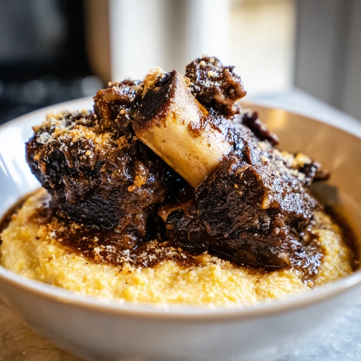 Creamy Polenta with Braised Beef Short Ribs garnished with thyme, ready to serve alongside a glass of red wine for dinner.