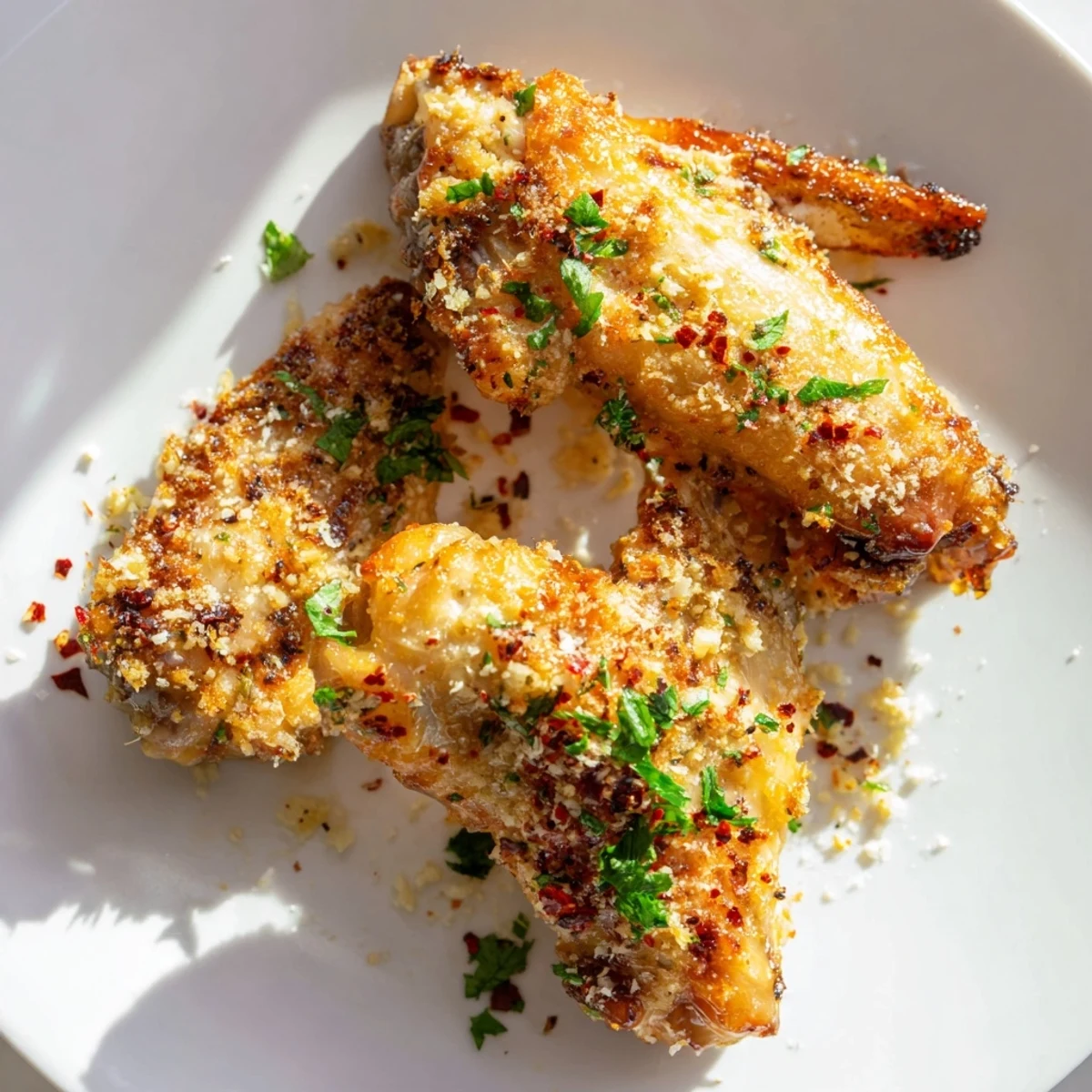 Golden brown Air Fryer Garlic Parmesan Chicken Wings piled high, tossed in a buttery garlic sauce with fresh parsley garnish.