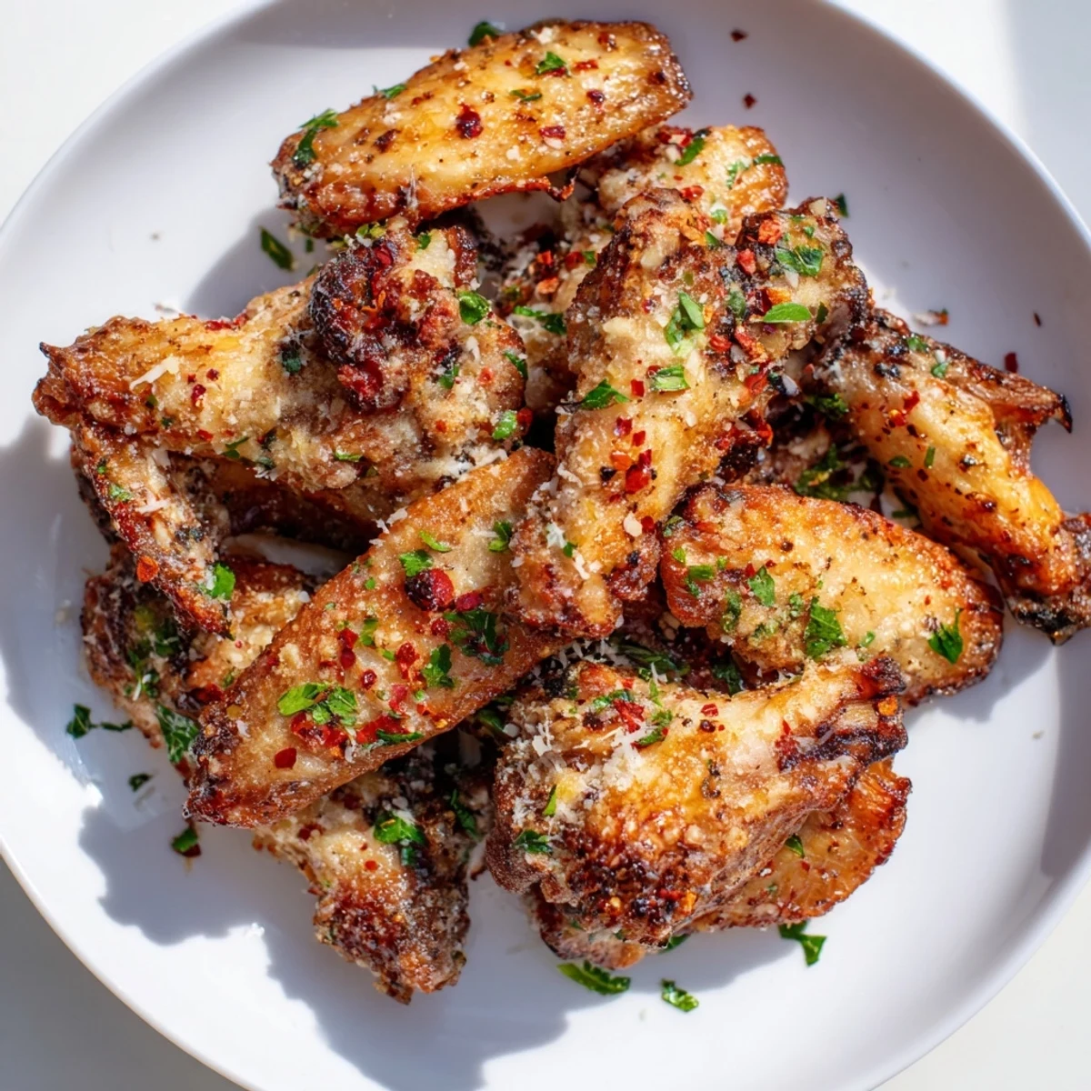 Crispy Air Fryer Garlic Parmesan Chicken wings served with celery sticks and creamy ranch dip on a rustic wooden platter.