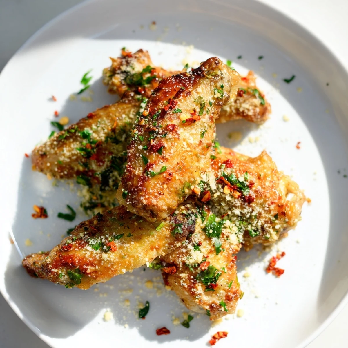 Close-up of Air Fryer Garlic Parmesan Chicken Wings highlighting crunchy texture, melted parmesan coating, and flecks of fresh herbs.