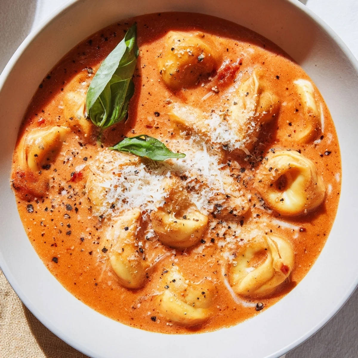 A warm bowl of One Pot Creamy Tomato Tortellini Soup garnished with fresh basil leaves.