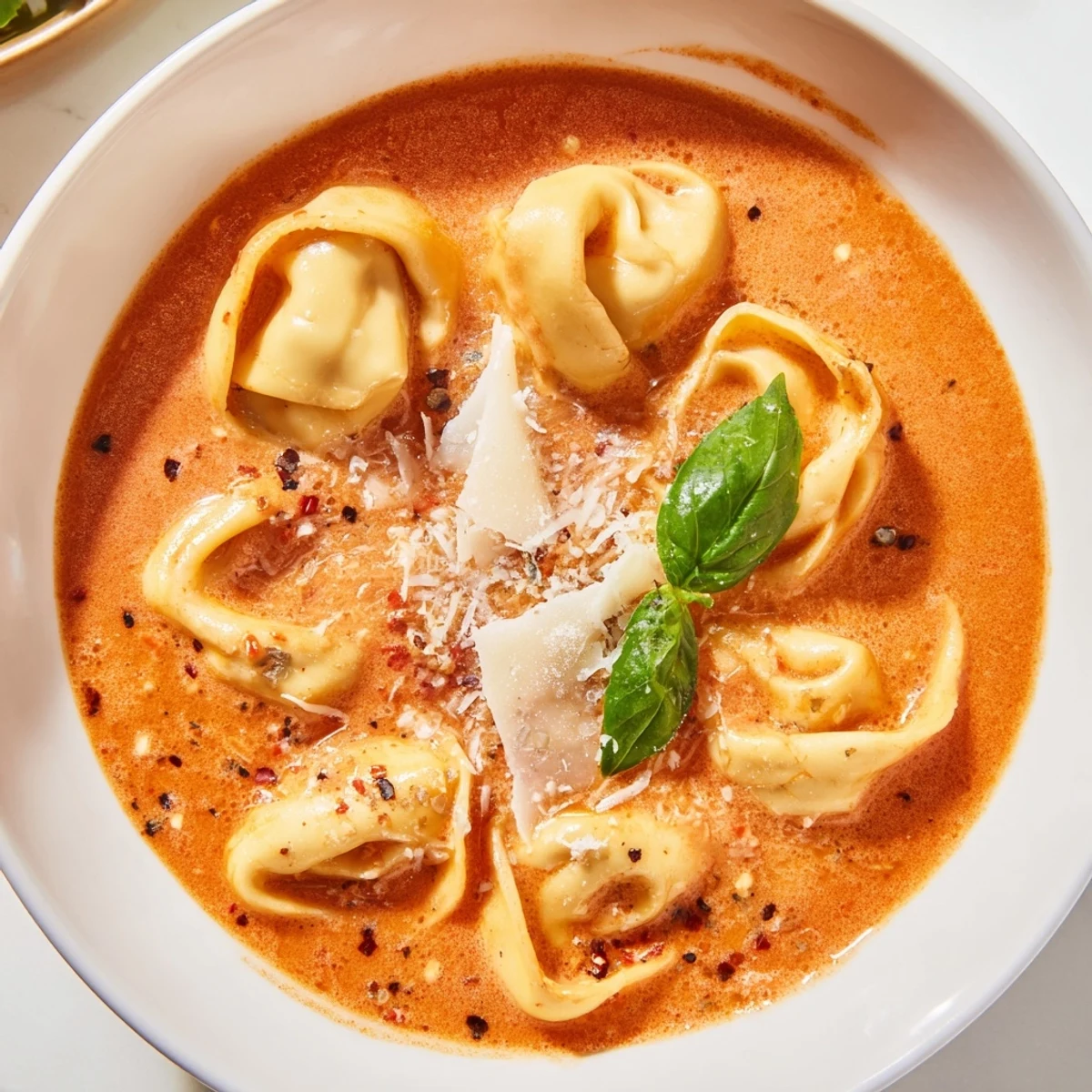 Steaming One Pot Creamy Tomato Tortellini Soup in a rustic bowl, topped with grated Parmesan cheese.