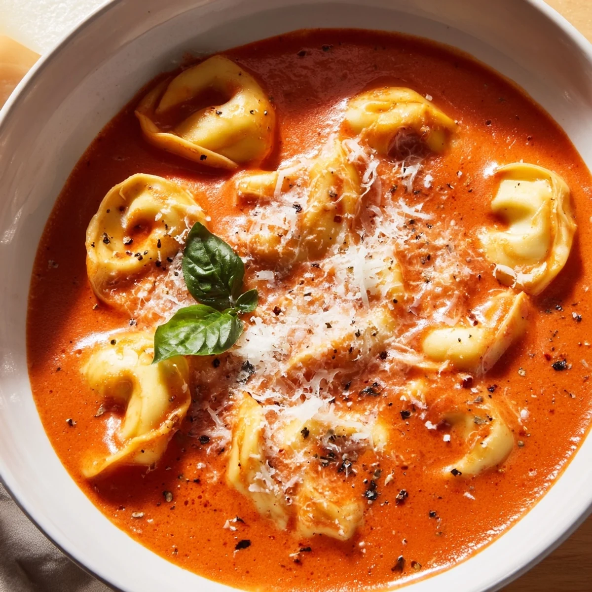 Cheesy tortellini swimming in a creamy tomato broth for One Pot Creamy Tomato Tortellini Soup.