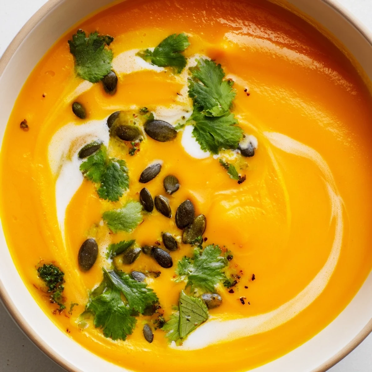 Close-up of Roasted Carrot and Ginger Soup with Coconut Milk, showing its smooth texture and roasted carrot pieces.