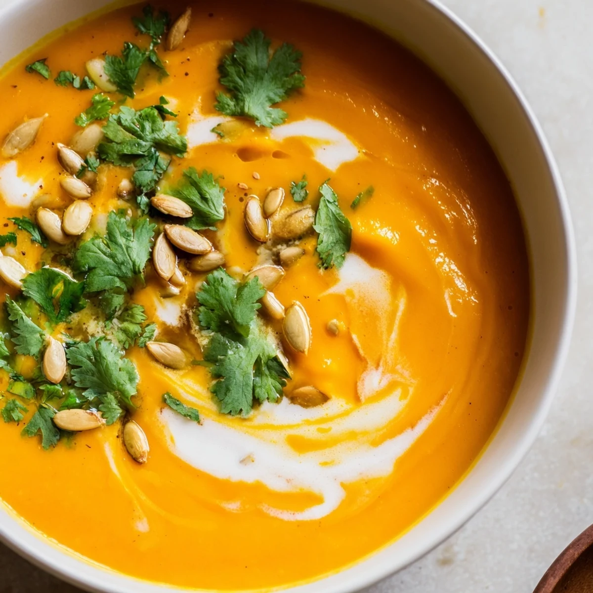 Roasted Carrot and Ginger Soup with Coconut Milk served in a rustic bowl, ready to be enjoyed warm.