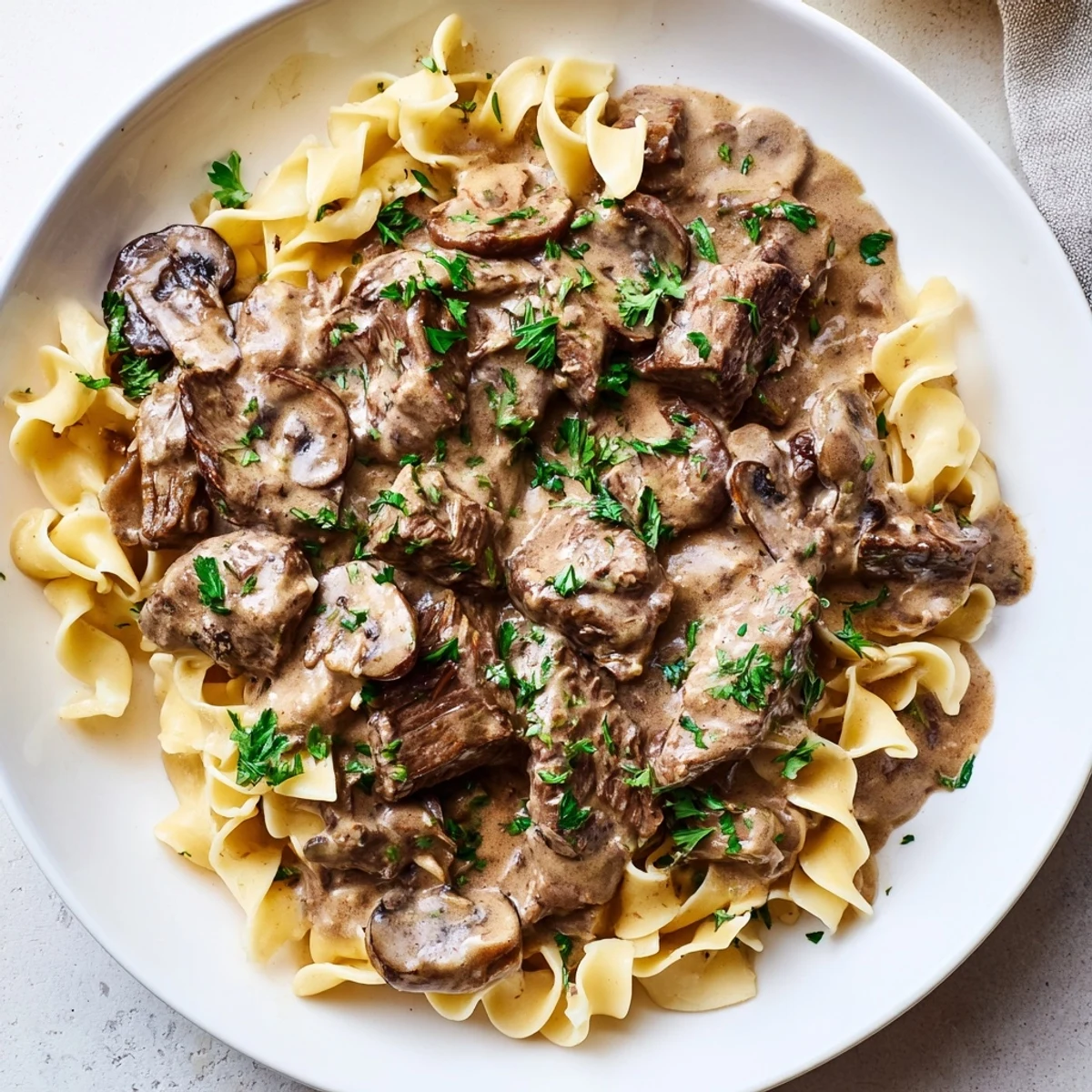 Tender beef strips and cremini mushrooms in a rich, creamy sauce atop pasta.