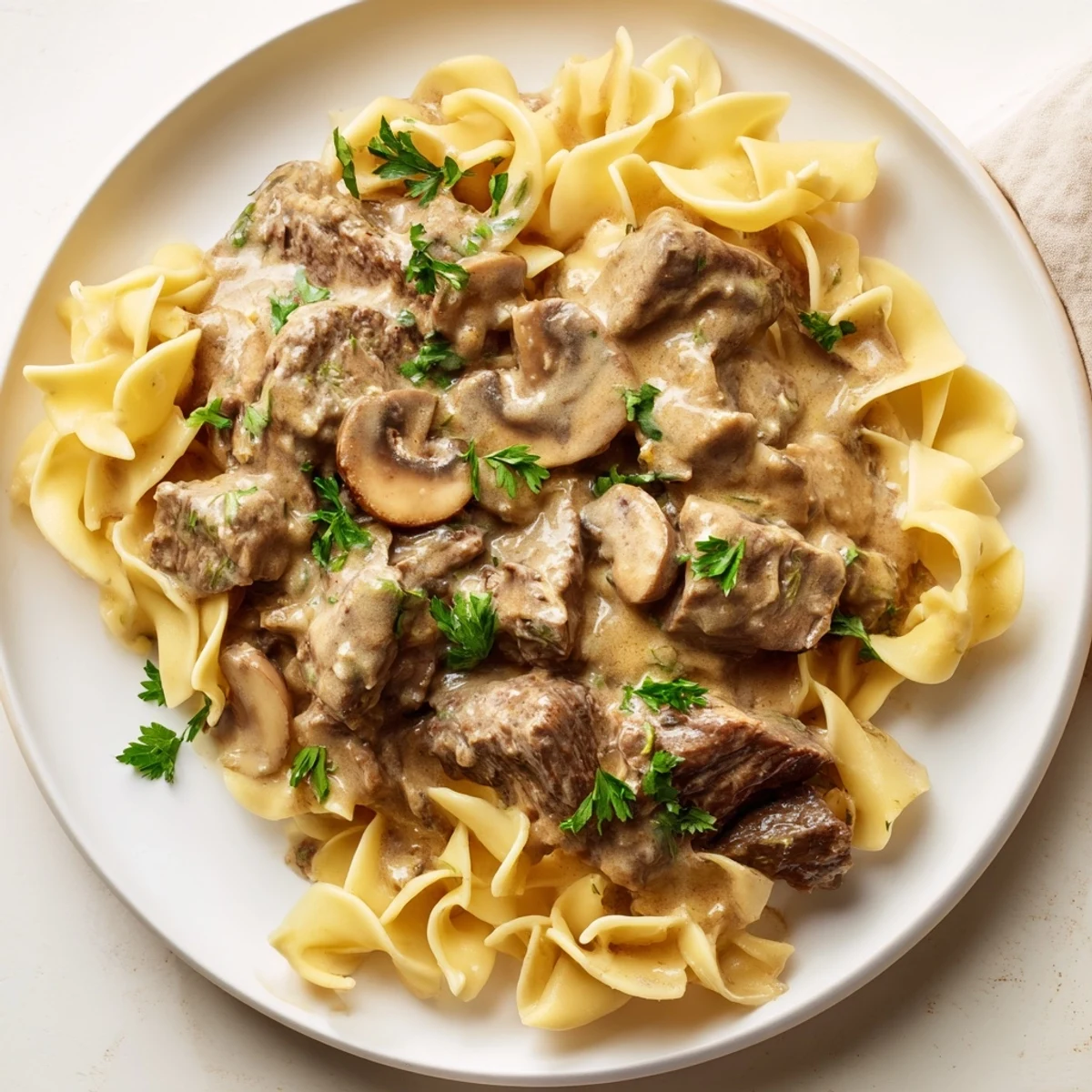 Savory beef stroganoff served over buttery egg noodles with fresh parsley garnish.