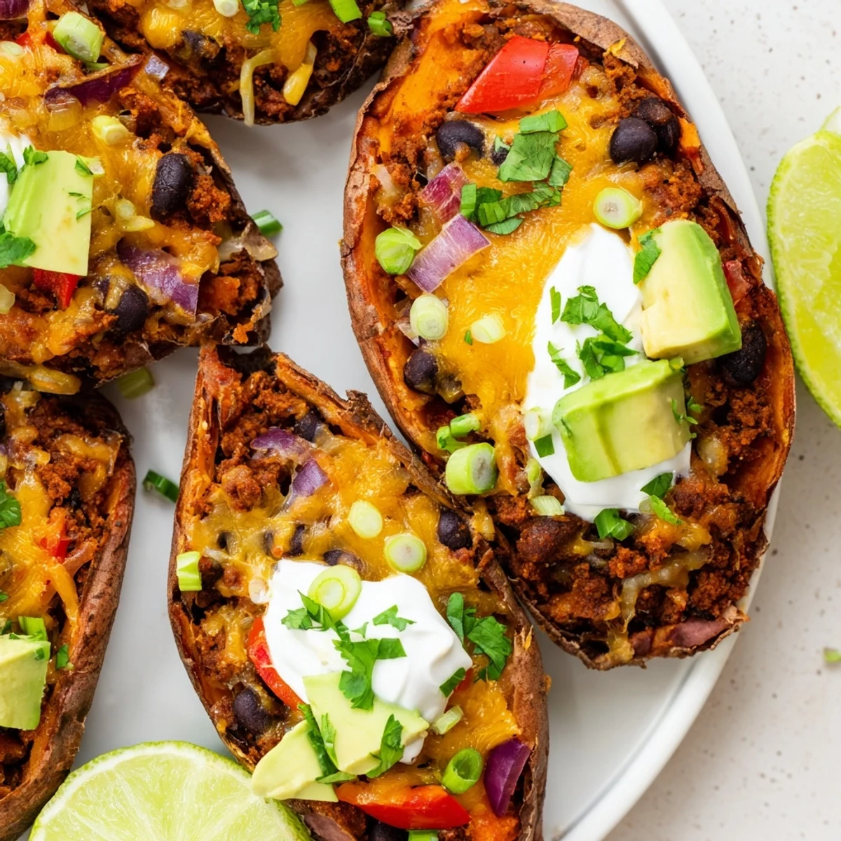 Crispy baked Loaded Sweet Potato Skins with Black Beans, topped with melty cheddar, avocado, cilantro, and a dollop of sour cream.
