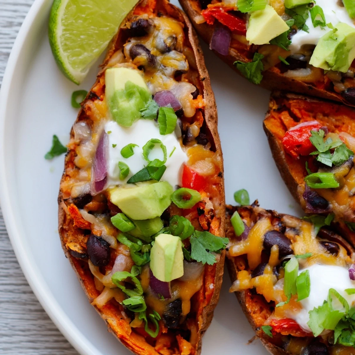 Overhead view of Loaded Sweet Potato Skins with Black Beans on a rustic plate, garnished with fresh cilantro and lime wedges for serving.