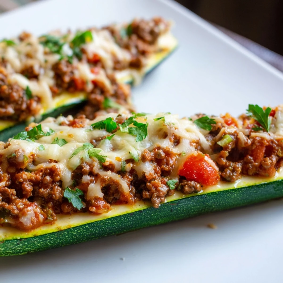 Golden, bubbly mozzarella melts over tender baked zucchini halves, generously stuffed with a rich ground beef and tomato mixture.