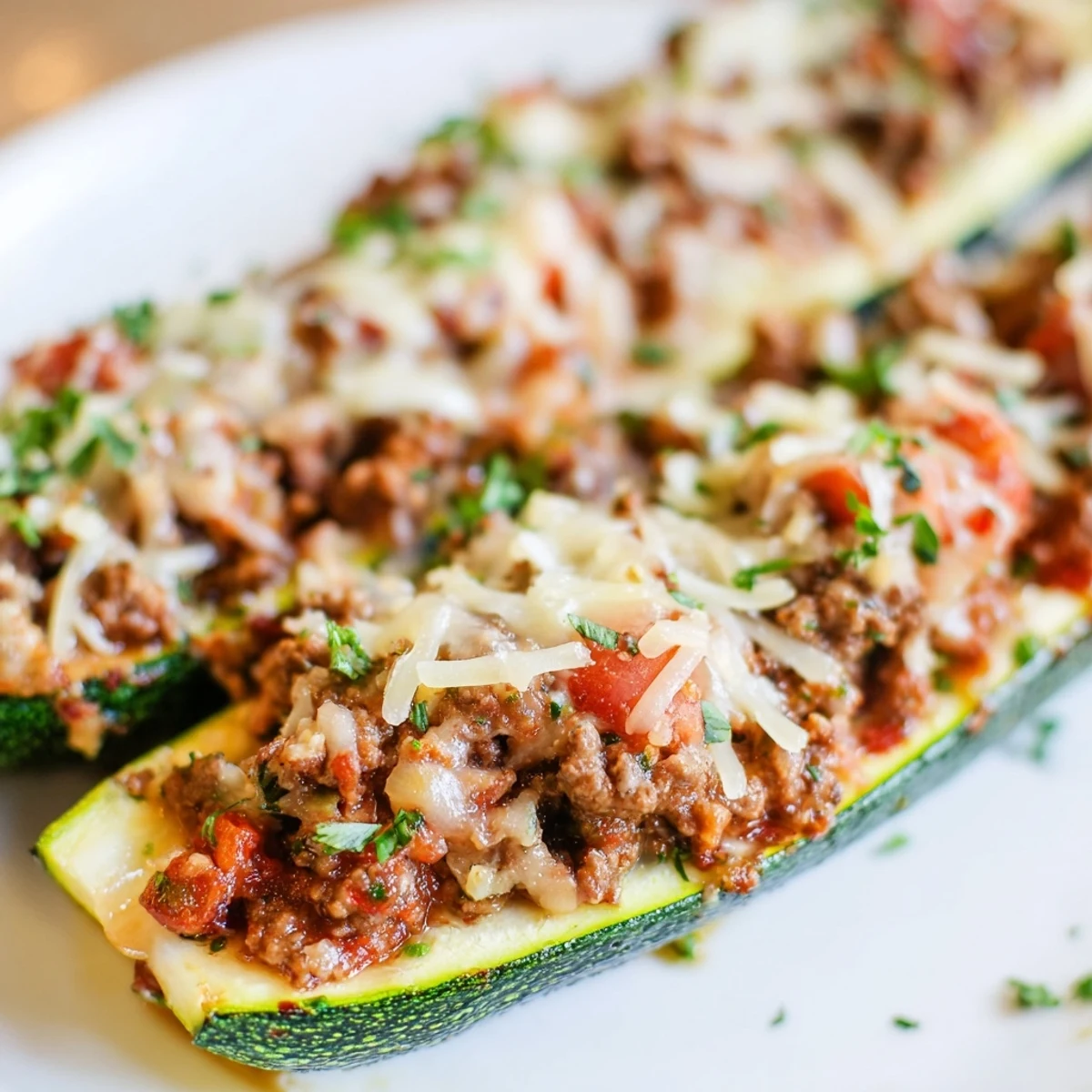 Savory zucchini boats filled with seasoned ground beef and topped with golden, bubbly mozzarella cheese.