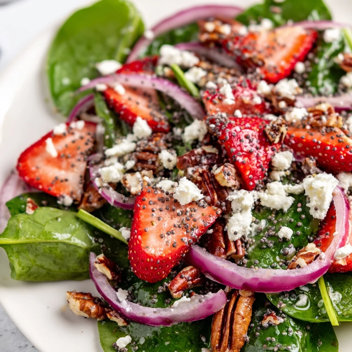Fresh baby spinach and sliced strawberries topped with crumbled feta and toasted pecans in a vibrant Strawberry Spinach Salad with Poppy Seed Vinaigrette.