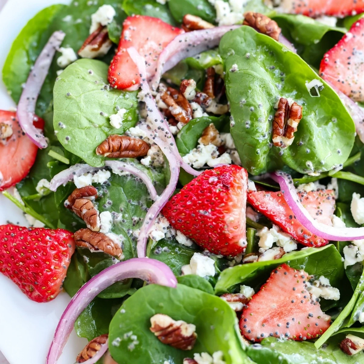 A close-up view of a delicious Strawberry Spinach Salad with Poppy Seed Vinaigrette, featuring fresh berries, red onion slices, and a drizzled homemade dressing.