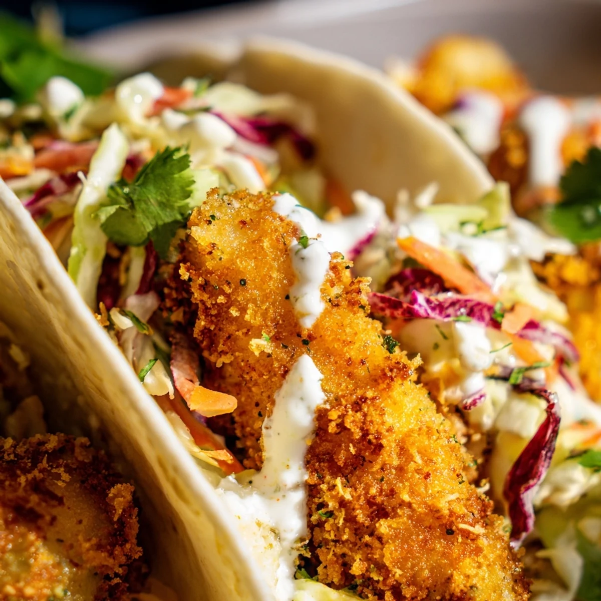 Plated Crispy Fish Tacos with Cabbage Slaw and creamy drizzle on a warm corn tortilla.