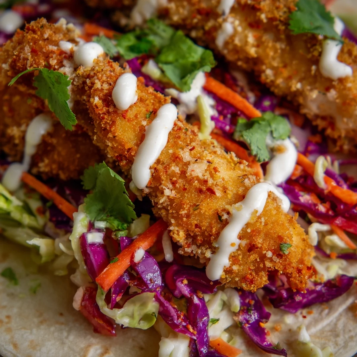 Golden Crispy Fish Tacos with Cabbage Slaw piled high with fresh cilantro and jalapeños.