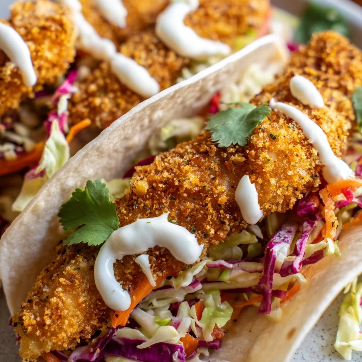 Close-up of Crispy Fish Tacos with Cabbage Slaw highlighting crunchy fish and vibrant purple slaw.