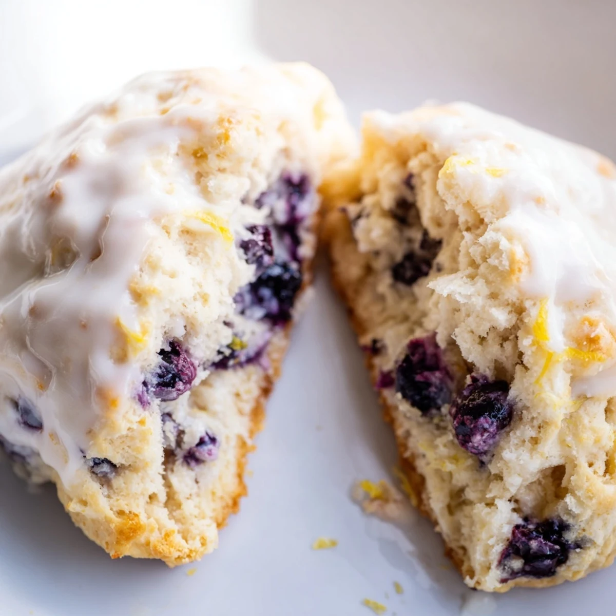 Warm Lemon Blueberry Scones with Vanilla Glaze, served alongside a steaming cup of coffee for a cozy breakfast.