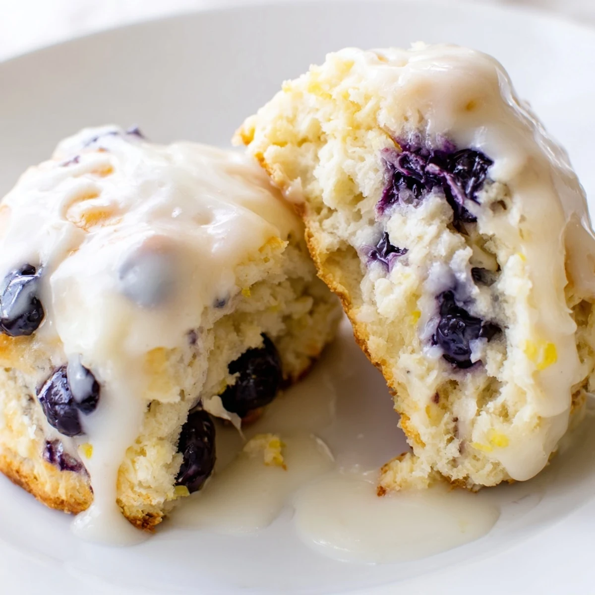 Golden-brown Lemon Blueberry Scones with Vanilla Glaze on a rustic wooden board, showcasing juicy blueberries and bright zest.