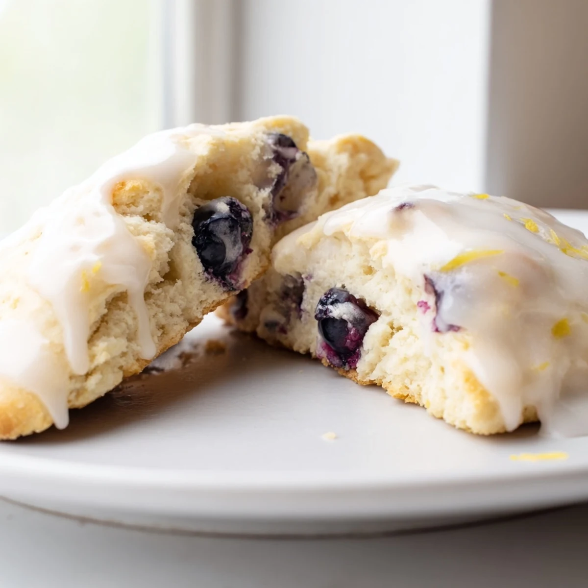 Freshly baked Lemon Blueberry Scones with Vanilla Glaze drizzled over the top, ready to be enjoyed with tea.