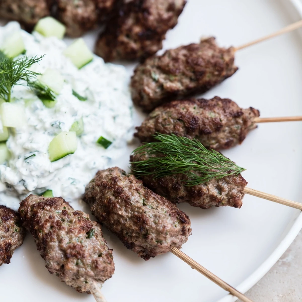 Grilled Beef Kofta Kebabs sizzling on skewers, served alongside a cool cucumber yogurt dip garnished with fresh dill.