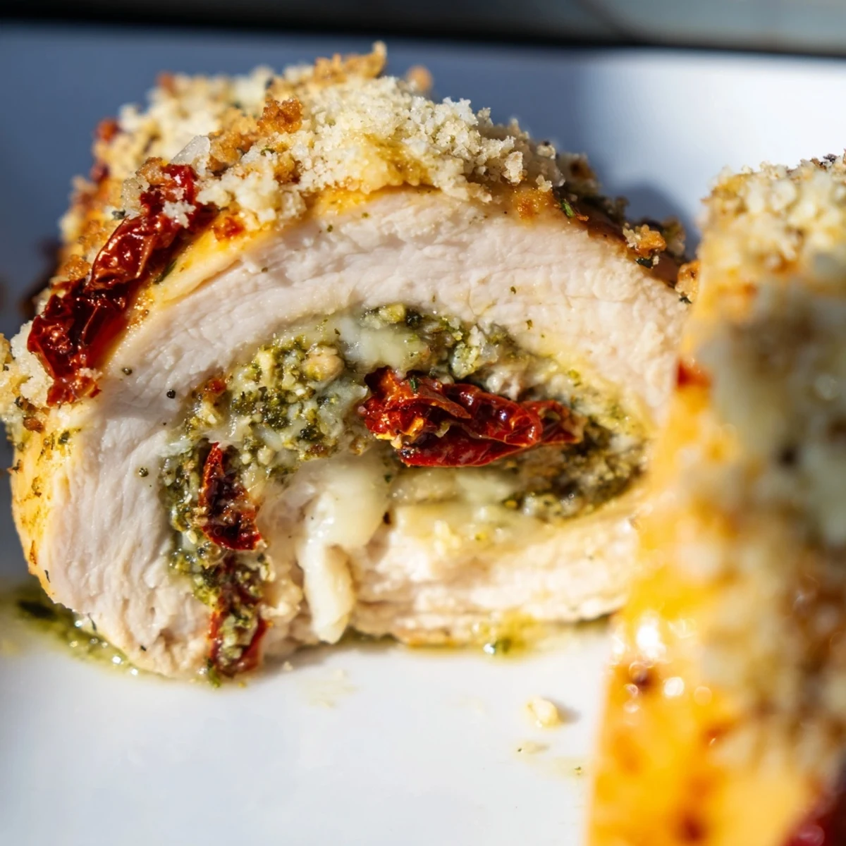 Close-up on a golden, cheesy stuffed chicken breast with mozzarella and pesto resting on a rustic plate.