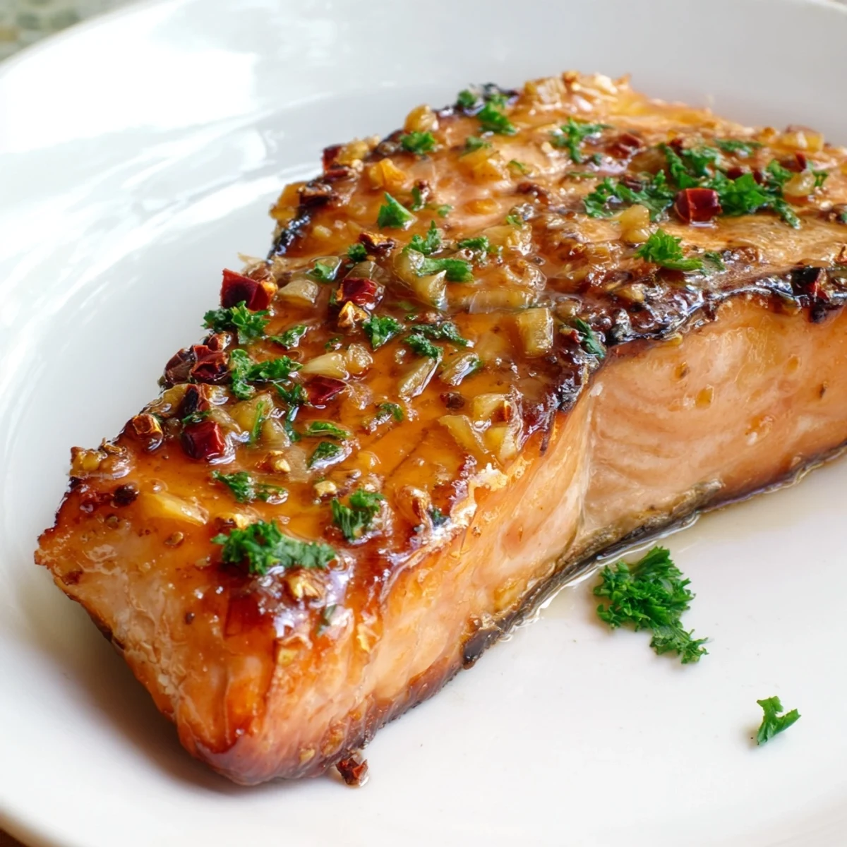 Four perfectly caramelized Honey Garlic Glazed Salmon Steaks arranged on a platter with fluffy rice.