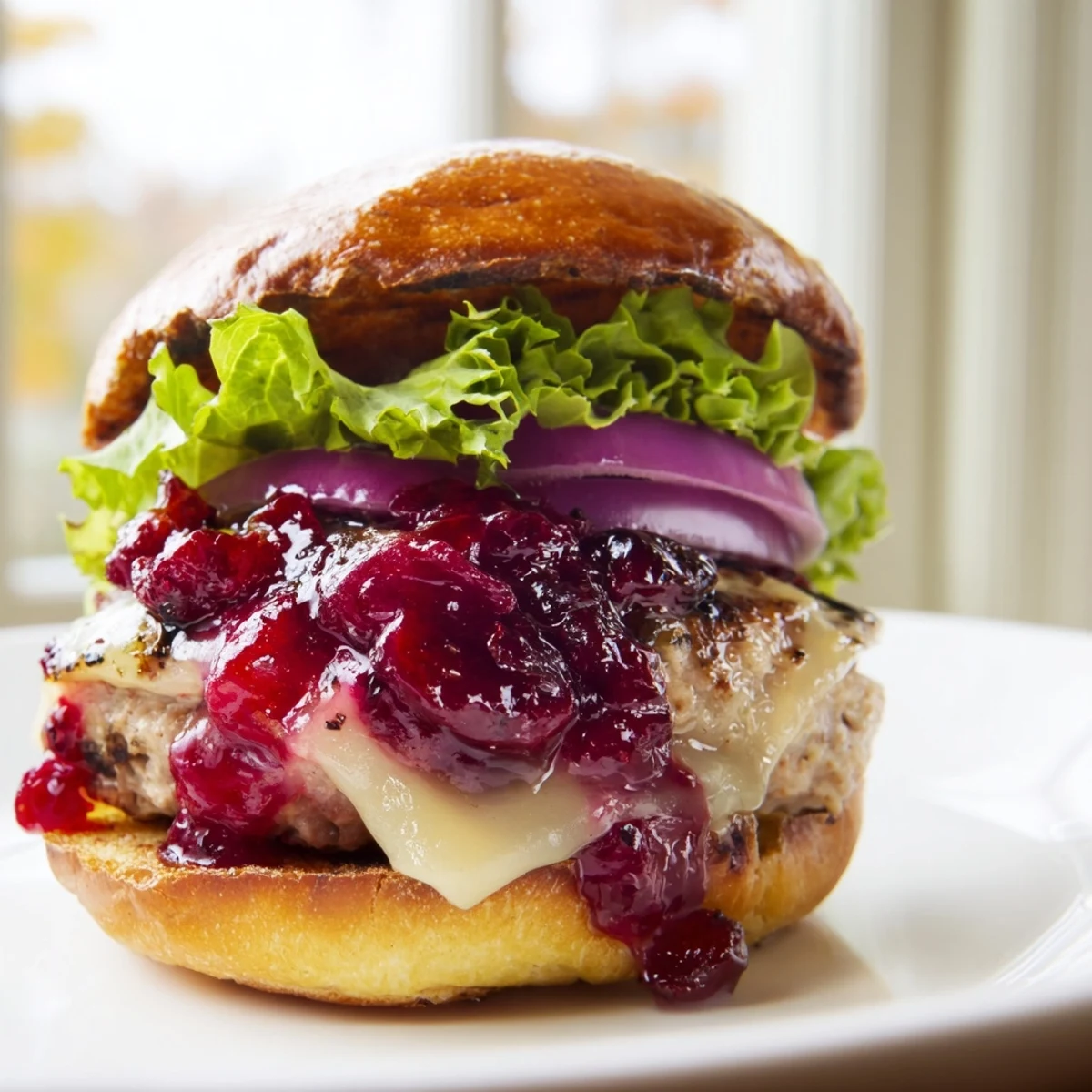 Golden-brown turkey burger with creamy Brie and ruby-red cranberry sauce melting on a toasted brioche bun.