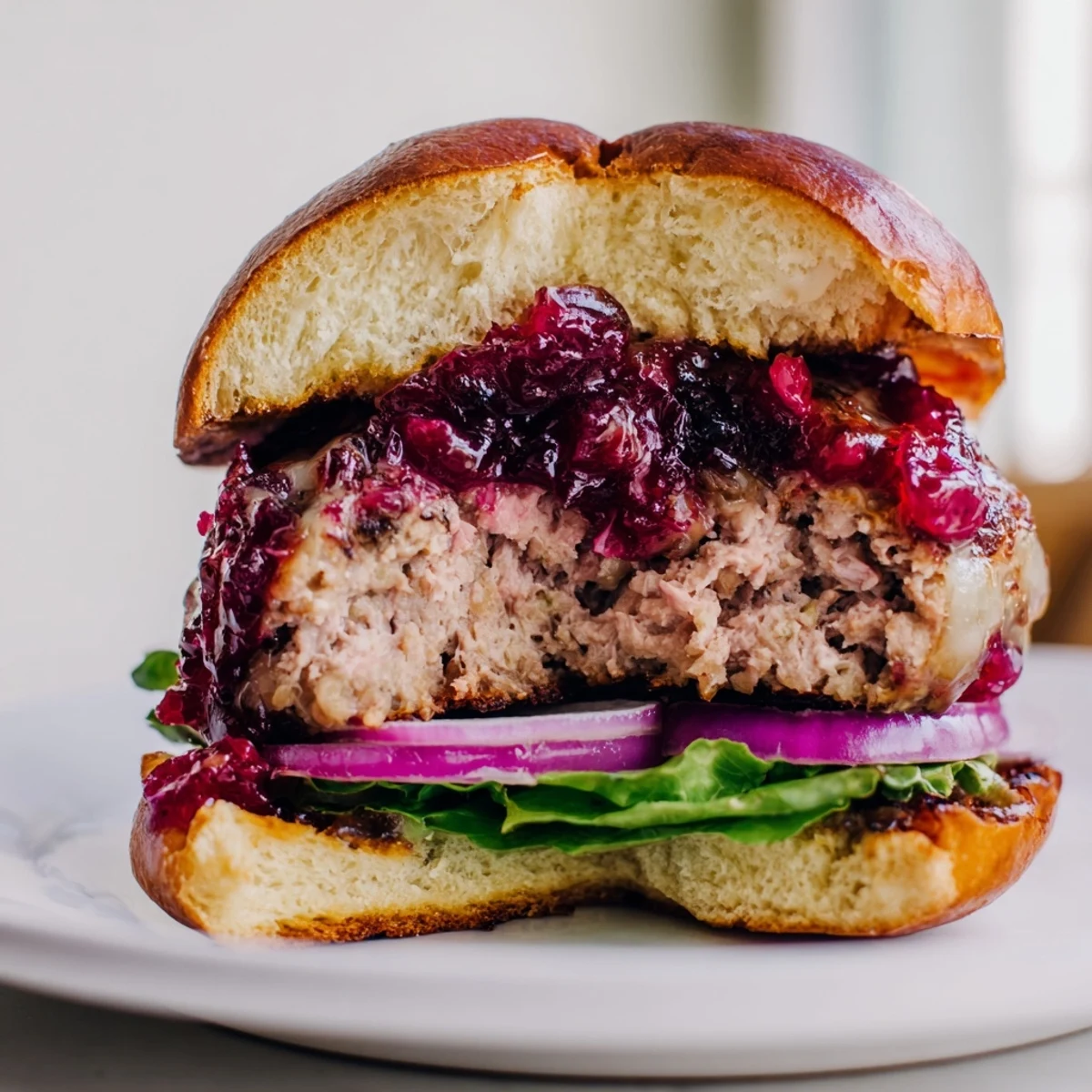 Freshly simmered cranberry topping and crisp lettuce add vibrant color to this gourmet poultry burger.