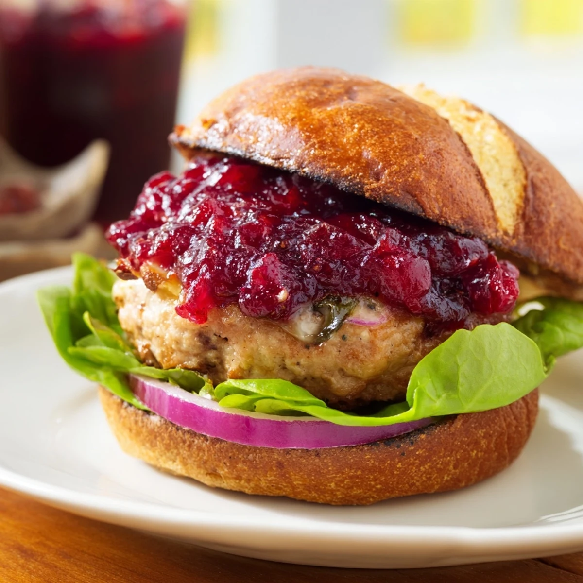 A close-up view of a juicy turkey patty layered with melted Brie and tangy cranberry compote.