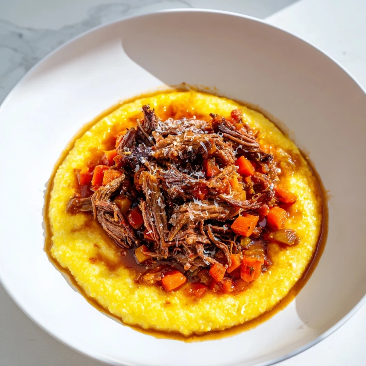 Steaming bowl of creamy polenta with rich braised beef ragu, garnished with fresh parsley and extra Parmesan.