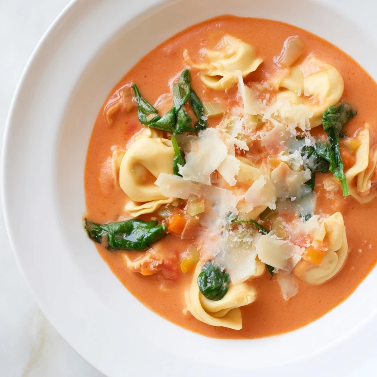 Creamy tomato tortellini soup with spinach served steaming hot in a rustic bowl, topped with extra Parmesan and fresh basil.