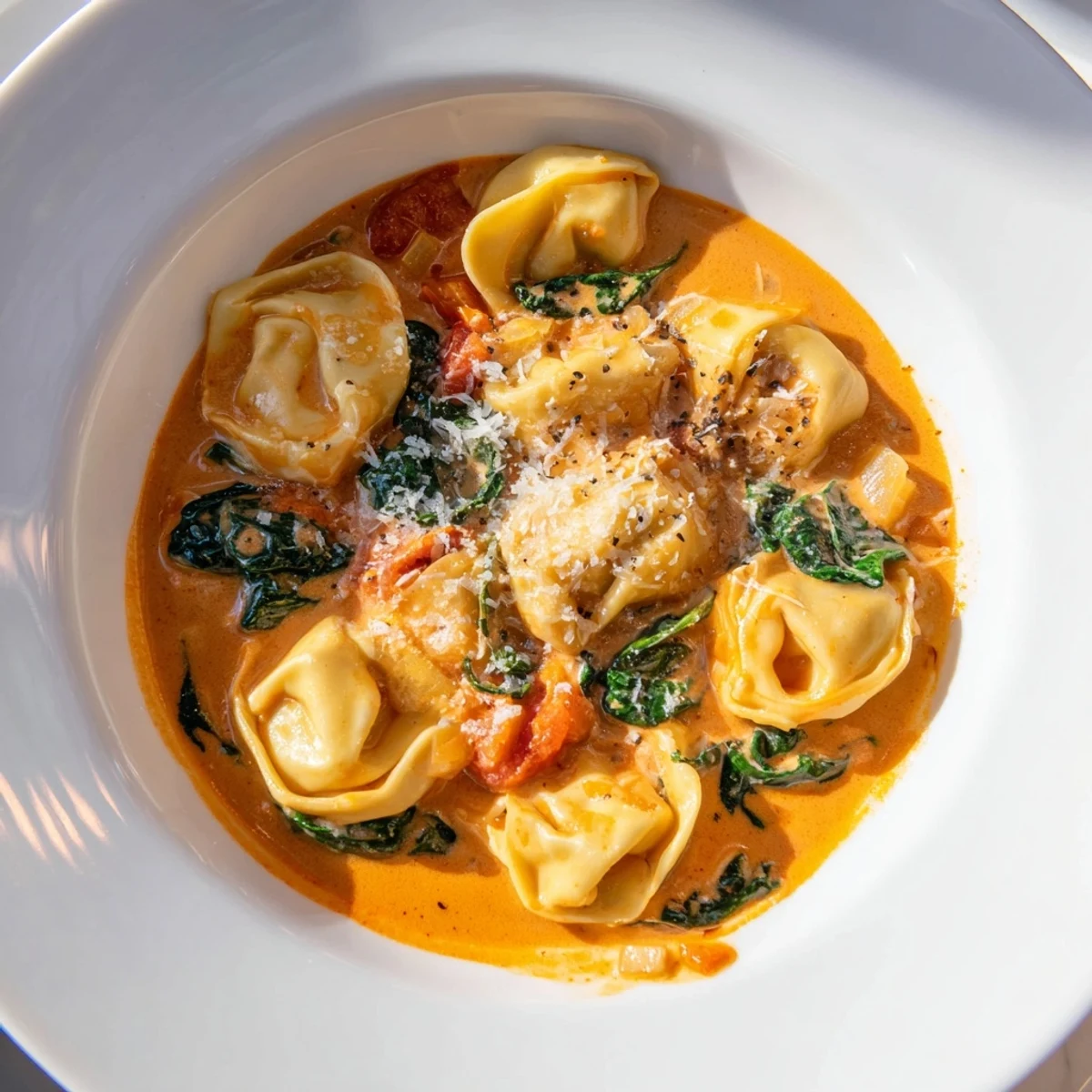 One pot creamy tomato tortellini soup with spinach ladle over cheesy tortellini and wilted greens in a cozy kitchen setting.