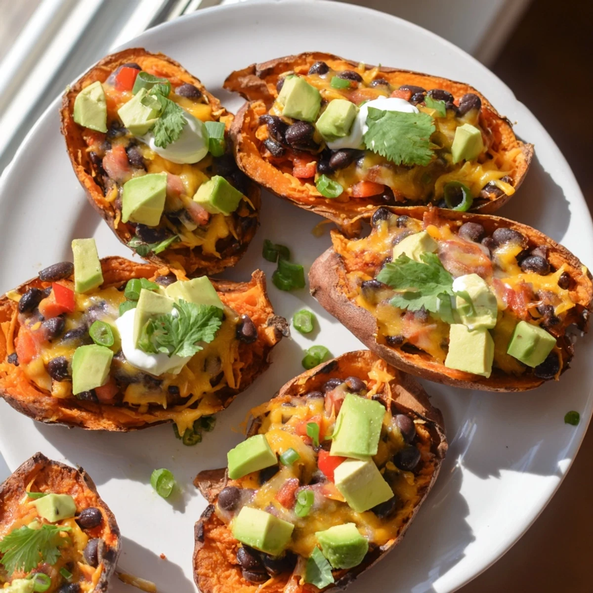 Golden-baked Loaded Sweet Potato Skins with Black Beans and Cheese melt under a garnish of avocado and green onions.